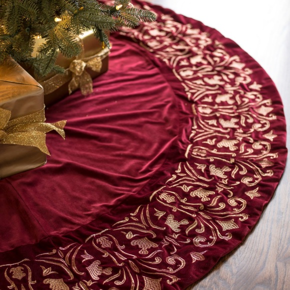 Balsam Hill Wine Luxe 72" Embroidered Velvet Tree Skirt ‑ Wine & Gold - Picture 1 of 8